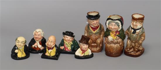 Five Royal Doulton miniature busts of Dickens characters and three Toby jugs,